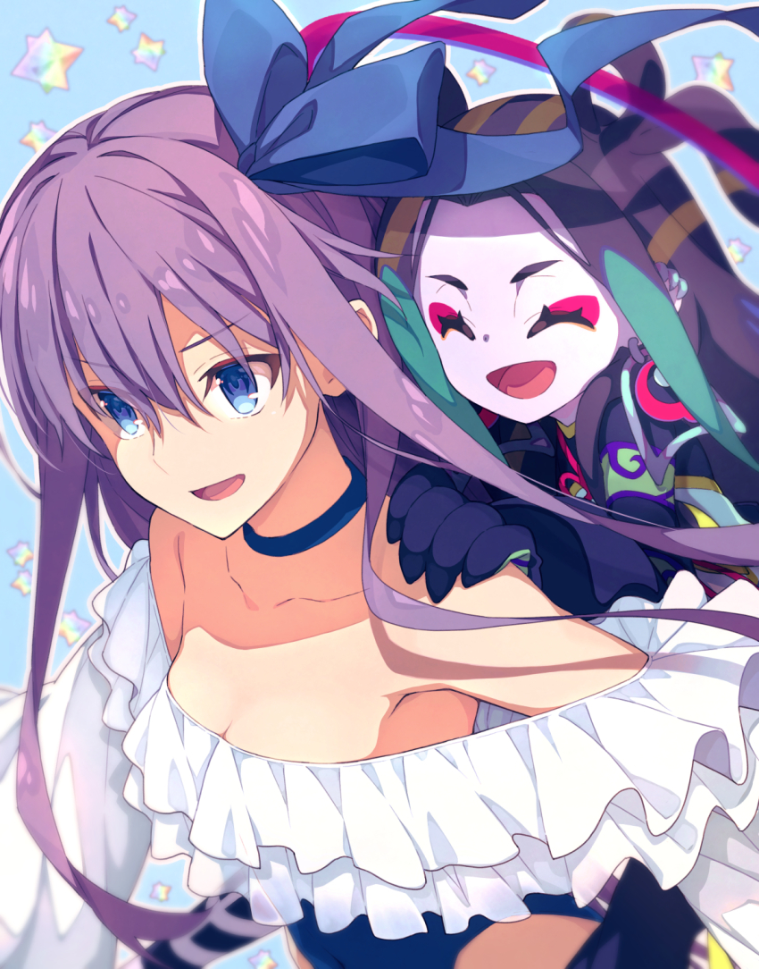 1boy, 1girl, bare_shoulders, black_hair, blue_eyes, blue_ribbon, blush, breasts