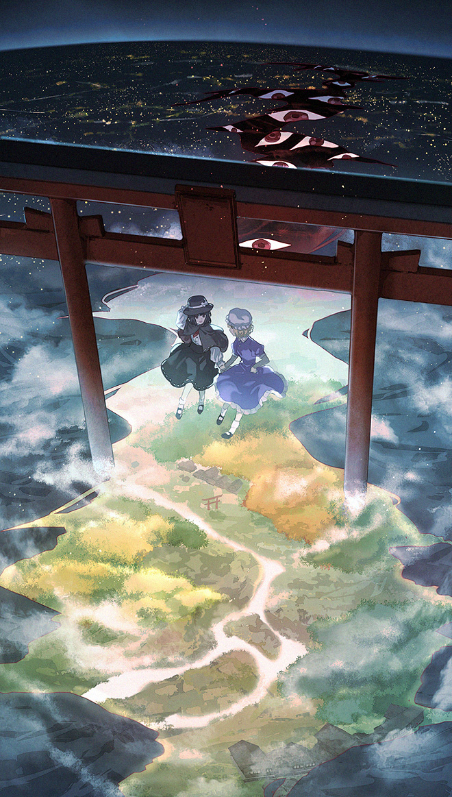 2girls, :d, architecture, black_capelet, black_footwear, black_hair, black_headwear, black_skirt