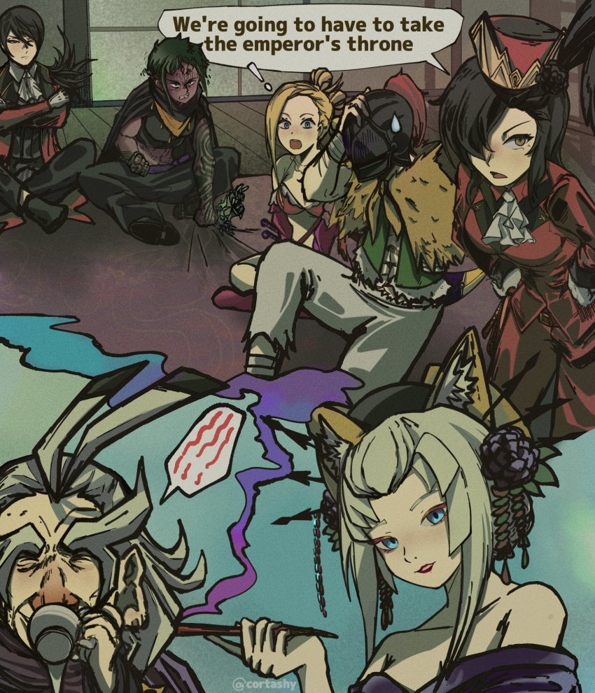 2girls, aldebaran_(re:zero), animal_ears, ascot, black_hair, chisha_gold, cortashy, crossdressing