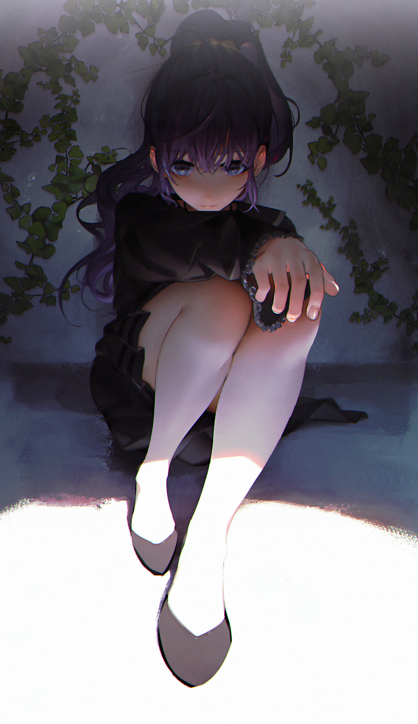 1girl, asahina_mafuyu, black_shirt, black_shoes, black_skirt, blue_eyes, closed_mouth, day, duckchuni, fingernails, frilled_sleeves, frills, frown, full_body, hair_ornament, hair_scrunchie, highres, ivy, knees_up, long_hair, long_sleeves, looking_at_viewer, miniskirt, on_floor, outstretched_arm, ponytail, project_sekai, purple_hair, scrunchie, shade, shirt, shoes, sitting, skirt, solo, wall