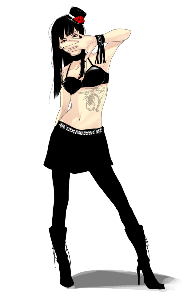 1girl, armpits, bad_id, bad_pixiv_id, bare_shoulders, belt, bikini, bikini_top_only, black_bikini, black_eyes, black_hair, black_nails, boots, choker, diesel, female_focus, fingernails, flower, hat, head_tilt, high_heels, legs, long_fingernails, long_hair, midriff, mini_hat, mini_top_hat, nail_(hardware), nail_polish, navel, original, pantyhose, rose, scorpion, shoes, skirt, solo, swimsuit, tattoo, top_hat, wristband, ykmr_(haga)