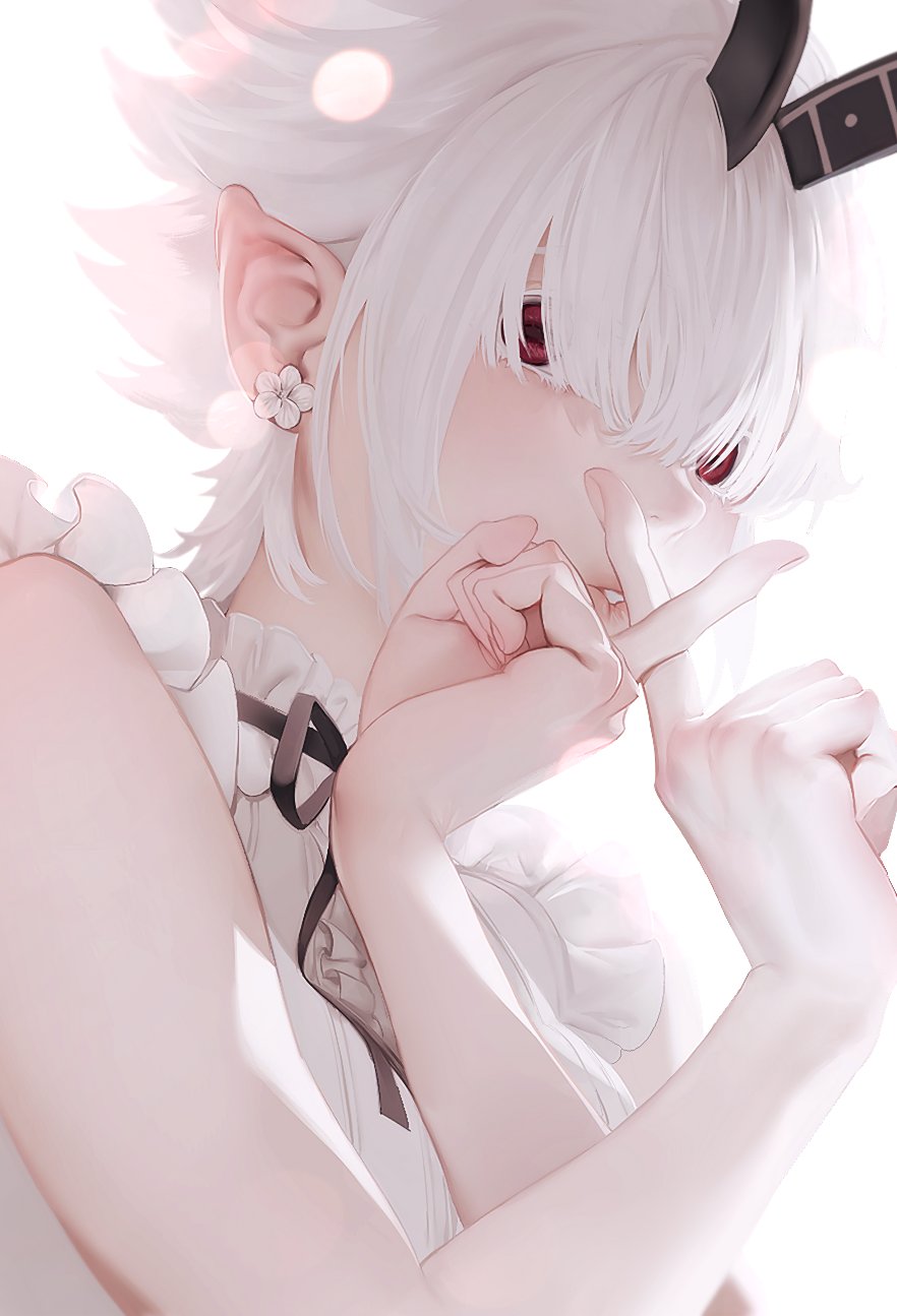 1girl, bare_arms, bare_shoulders, black_ribbon, blurry, bokeh, center_frills, depth_of_field, duckchuni, earrings, empty_eyes, eyelashes, finger_to_mouth, fingernails, flower, flower_earrings, frills, hair_over_eyes, hands_up, highres, horns, index_finger_raised, jewelry, looking_at_viewer, neck_ribbon, oni_horns, original, parted_lips, pointy_ears, puckered_lips, red_eyes, ribbon, shirt, short_hair, shushing, simple_background, sleeveless, solo, upper_body, white_background, white_flower, white_hair, white_shirt, white_theme