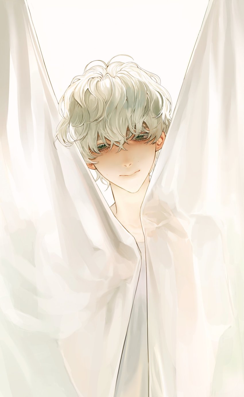 bags_under_eyes, behind_curtains, closed_mouth, curtain_grab, curtains, duckchuni, eyelashes, green_eyes