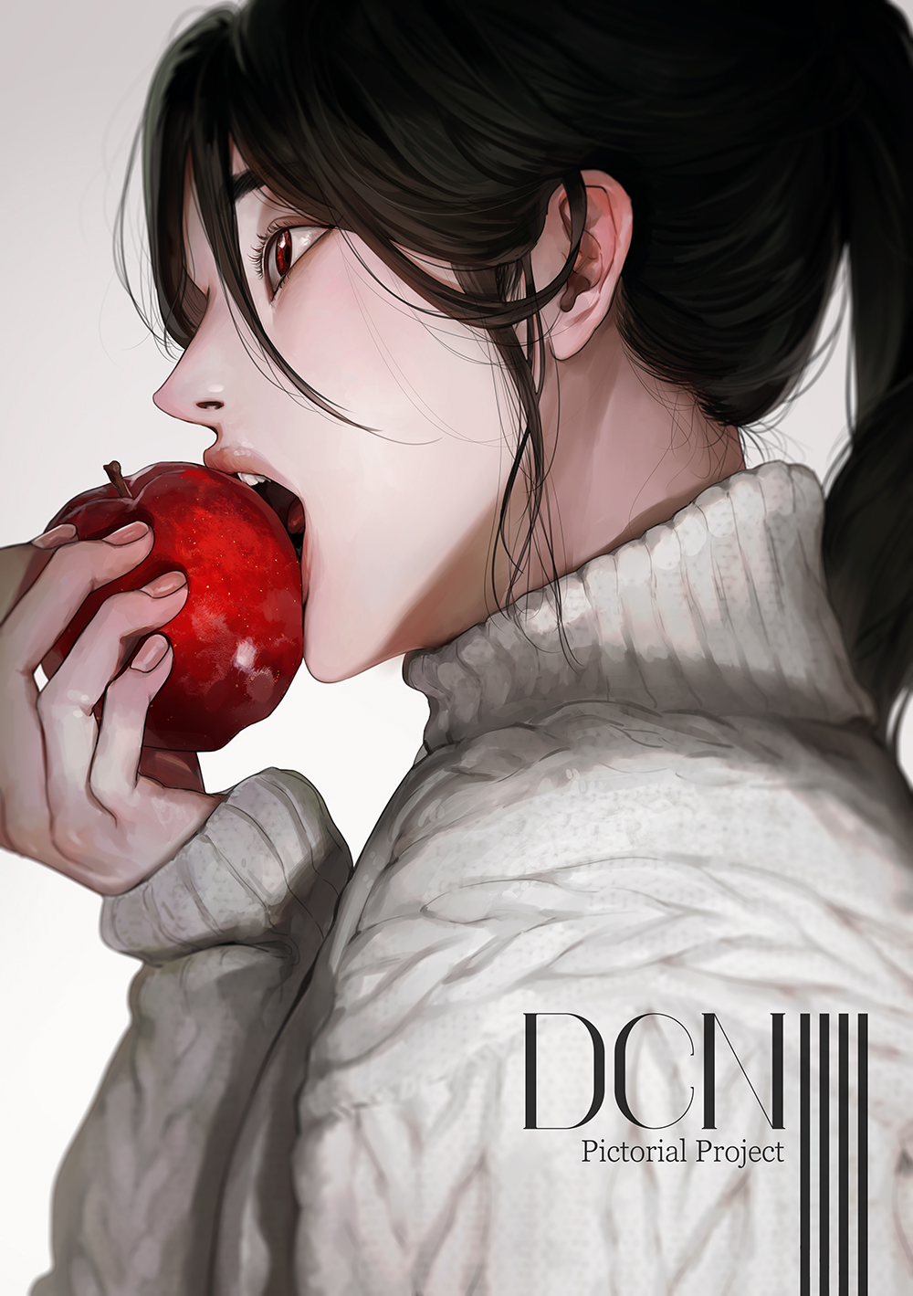 1boy, apple, aran_sweater, biting, black_hair, cable_knit, commentary, copyright_request