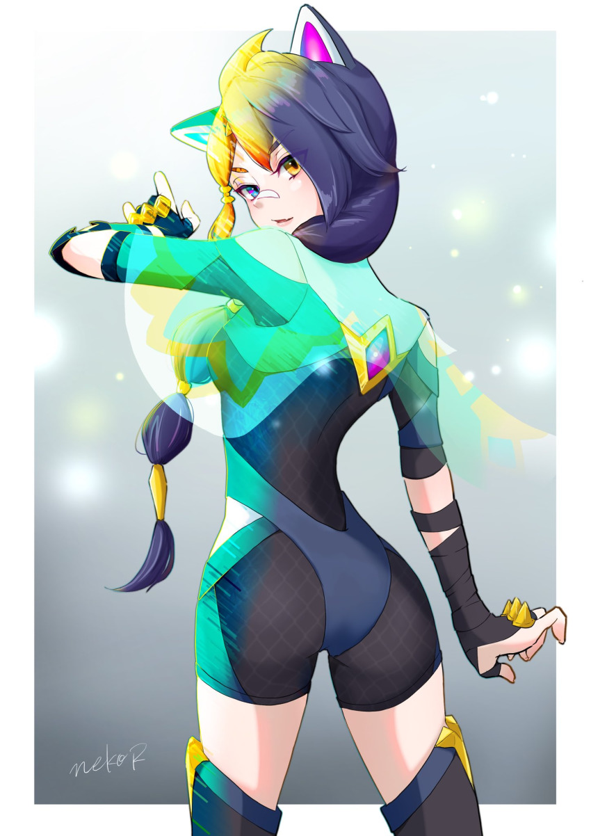 1girl, animal_ears, ass, black_hair, black_legwear, cat_ears, cat_girl, erisa_(fortnite), fortnite, highres, looking_at_viewer, looking_back, nekoramen222, standing, thighs