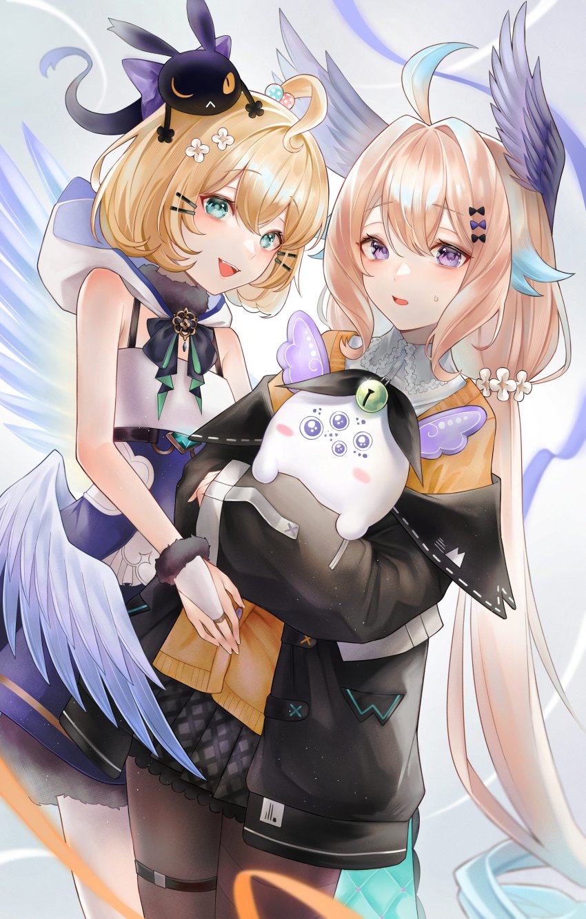 2girls, absurdres, ahoge, aloupeep_(enna_alouette), bare_shoulders, bell, bird_girl, black_bow, black_cat, black_jacket, black_pantyhose, black_skirt, blonde_hair, blue_hair, blue_wings, bow, cardigan, cat, character_name, collared_shirt, cosplay, costume_switch, dress, enna_alouette, enna_alouette_(cosplay), fingernails, flower, gfpebs, green_eyes, hair_bow, hair_flower, hair_ornament, head_tilt, head_wings, highres, jacket, looking_at_viewer, lucie_(millie_parfait), millie_parfait, millie_parfait_(cosplay), multicolored_hair, multiple_girls, multiple_wings, nail_polish, nijisanji, nijisanji_en, off_shoulder, open_mouth, orange_bow, orange_cardigan, orange_sweater, pantyhose, purple_bow, purple_eyes, purple_wings, shirt, skirt, smile, solo, sweater, thigh_strap, twitter_username, virtual_youtuber, white_background, white_shirt, wide_sleeves, wings, witch
