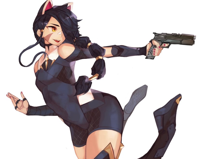 1girl, animal_ears, bandage_on_face, bandages, black_hair, black_legwear, cat_ears, cat_girl, erisa_(fortnite), fortnite, gun, hair_over_one_eye, handgun, highres, pistol, qmerlem, smile, weapon