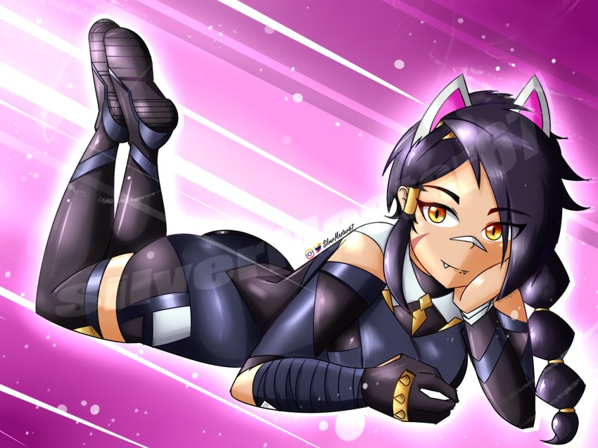 1girl, animal_ears, ass, bandage_on_face, bandages, black_hair, black_legwear, cat_ears