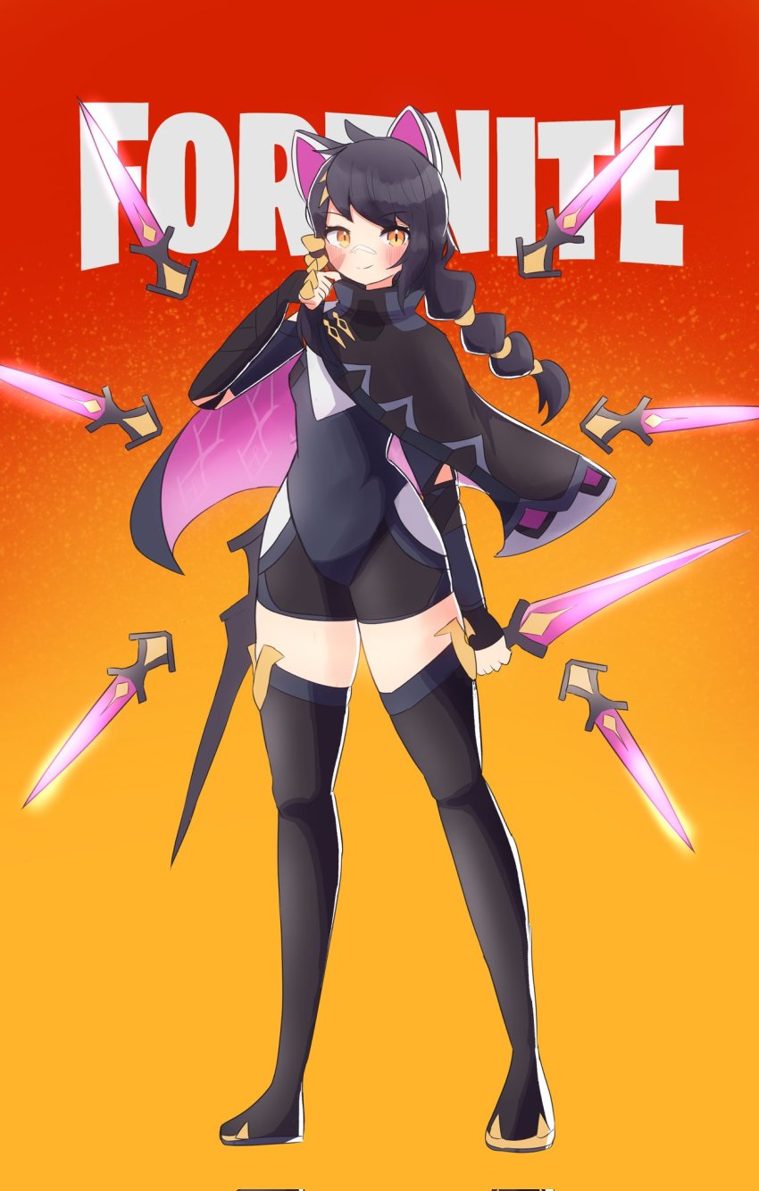 1girl, animal_ears, bandage_on_face, bandages, black_hair, black_legwear, blush, cape