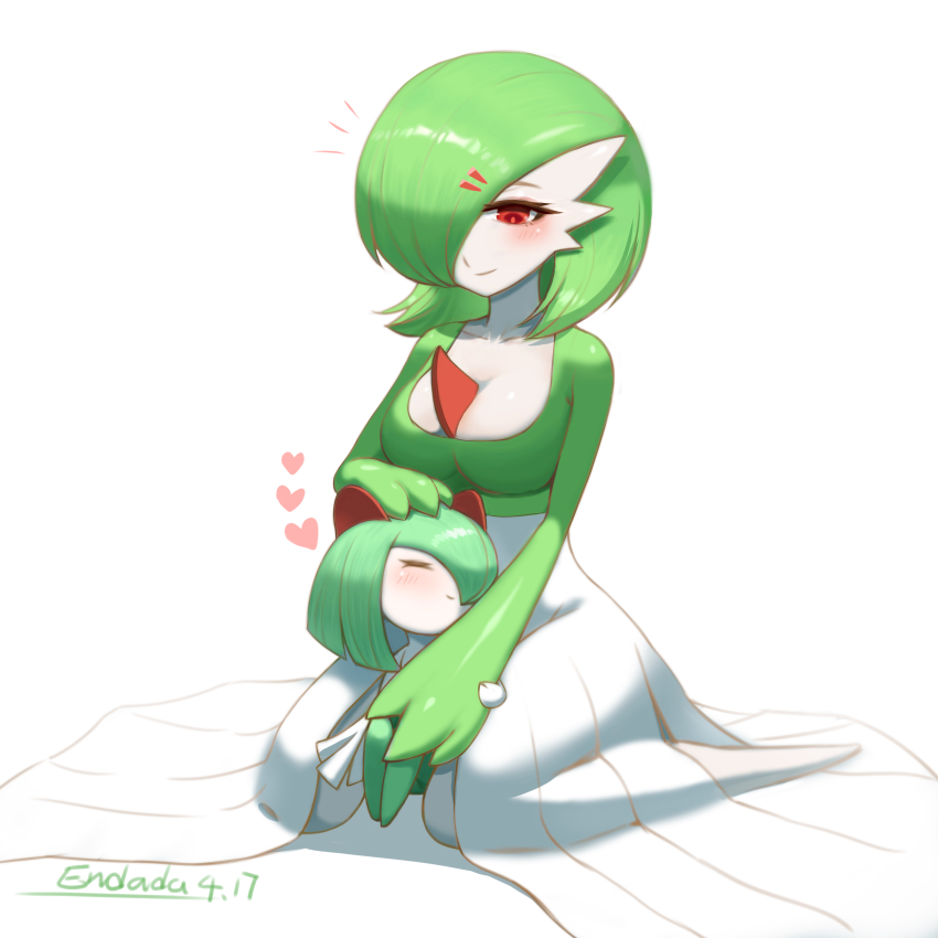 2girls, =_=, absurdres, artist_name, blush, bob_cut, breasts, child, cleavage, closed_eyes, closed_mouth, collarbone, colored_skin, dated, enddada, female_focus, full_body, gardevoir, gen_3_pokemon, green_hair, green_skin, hair_ornament, hair_over_one_eye, hairclip, half-closed_eyes, hand_on_another's_head, hand_up, happy, heart, highres, kirlia, kneeling, knees_up, legs_together, looking_at_another, looking_down, medium_breasts, medium_hair, multicolored_skin, multiple_girls, nintendo, no_feet, notice_lines, one_eye_covered, pokemon, pokemon_(creature), red_eyes, shiny_skin, short_hair, sidelocks, signature, simple_background, sitting, size_difference, smile, two-tone_skin, wariza, white_background, white_skin