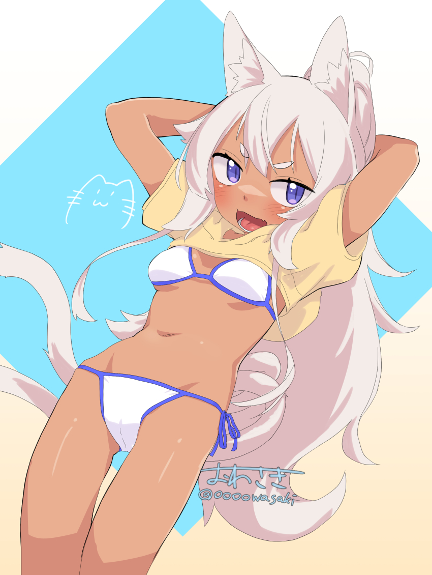1girl, :d, absurdres, animal_ear_fluff, animal_ears, arms_behind_head, arms_up, bikini, bikini_under_clothes, blue_background, blue_eyes, blush, breasts, brown_background, cat_ears, cat_girl, cat_tail, fang, gluteal_fold, gradient_background, grey_hair, groin, highres, long_hair, looking_at_viewer, multiple_tails, navel, open_mouth, original, owasaki, puffy_short_sleeves, puffy_sleeves, short_eyebrows, short_sleeves, shrug_(clothing), side-tie_bikini_bottom, signature, slit_pupils, small_breasts, smile, solo, swimsuit, tail, thick_eyebrows, thigh_gap, twitter_username, two_tails, very_long_hair, white_background, white_bikini, yellow_shrug
