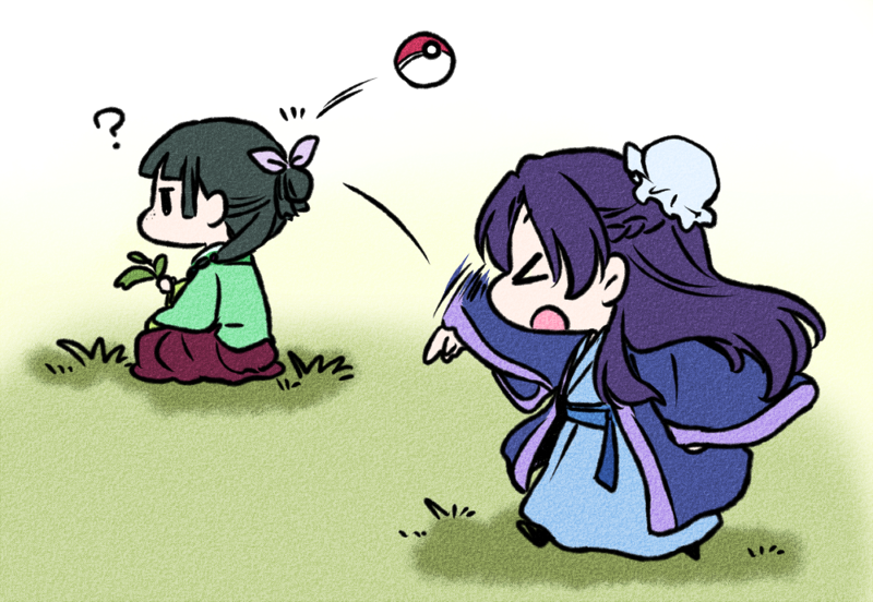 >_<, 2girls, ?, aoqun, bouncing, braid, bun_cover, chibi