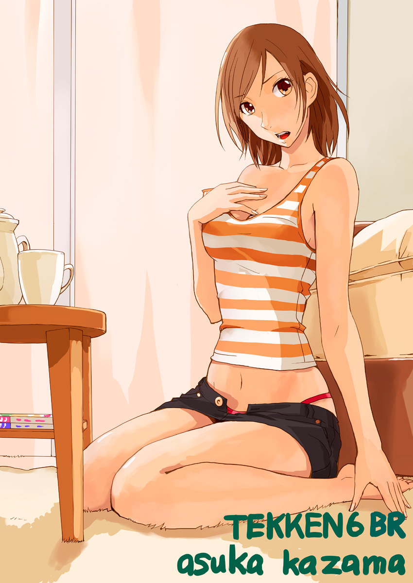 1girl, akito, bare_shoulders, bikini, bikini_bottom_only, brown_eyes, brown_hair, character_name, copyright_name, denim, denim_skirt, female_focus, highres, kazama_asuka, long_hair, midriff_peek, miniskirt, namco, navel, open_fly, panties, pantyshot, pencil_skirt, red_bikini, short_shorts, shorts, sitting, skirt, solo, strap_slip, striped, swimsuit, tank_top, tekken, tekken_5, underwear, unzipped, upskirt, wariza