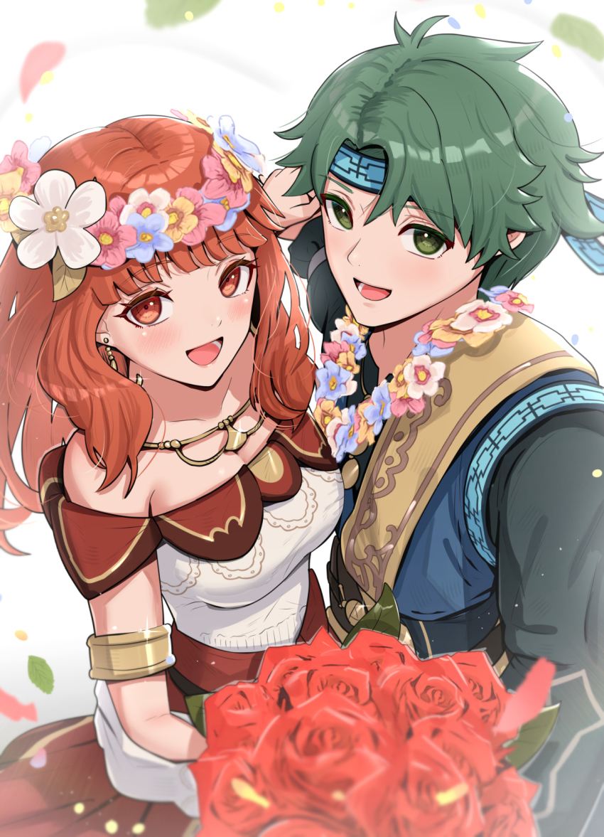 1boy, 1girl, :d, alm_(fire_emblem), alm_(valentine)_(fire_emblem), armlet, bare_shoulders, black_jacket