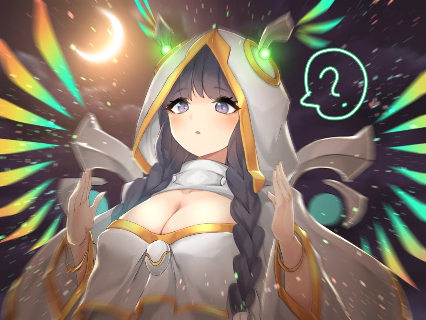 1girl, ?, bracelet, braid, breasts, cleavage, crescent_moon, detached_wings, diviner_of_the_herald, dress, duel_monster, gradient_wings, green_wings, hands_up, highres, hood, hood_up, jewelry, large_breasts, light_blush, long_hair, moon, multicolored_wings, orange_wings, purple_eyes, purple_hair, solo, spoken_question_mark, twin_braids, upper_body, wings, yasososu, yellow_wings, yu-gi-oh!