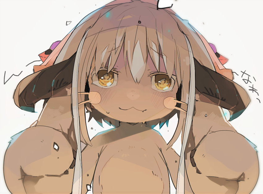 1other, :3, ambiguous_gender, ears_through_headwear, fake_horns, furry, hair_between_eyes, helmet, horizontal_pupils, horned_helmet, horns, looking_at_viewer, made_in_abyss, megaron, nanachi_(made_in_abyss), other_focus, solo, upper_body, whiskers, white_hair, yellow_eyes