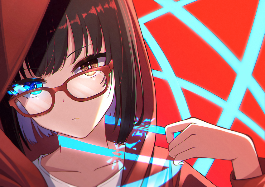 1girl, absurdres, black_hair, blue_eyes, brown_eyes, glasses, heterochromia, highres, hood, hoodie, kamikoshi_sorawo, portrait, red_background, red_hoodie, retyutyu_tyu, short_hair, solo, string_pull, urasekai_picnic
