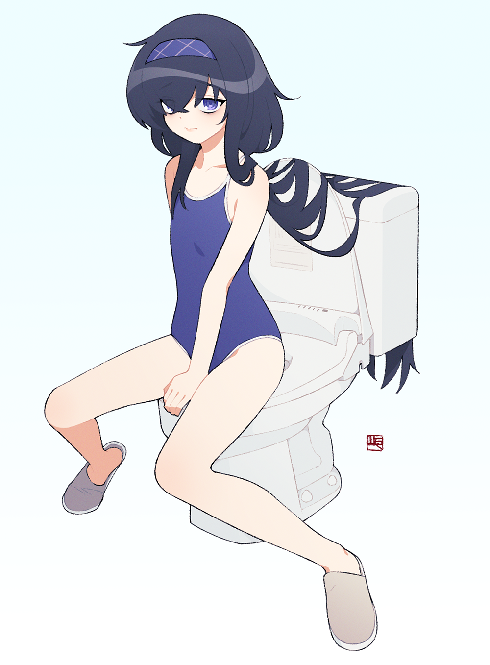1girl, arm_between_legs, artist_logo, bags_under_eyes, black_hair, blue_archive, blue_one-piece_swimsuit, collarbone