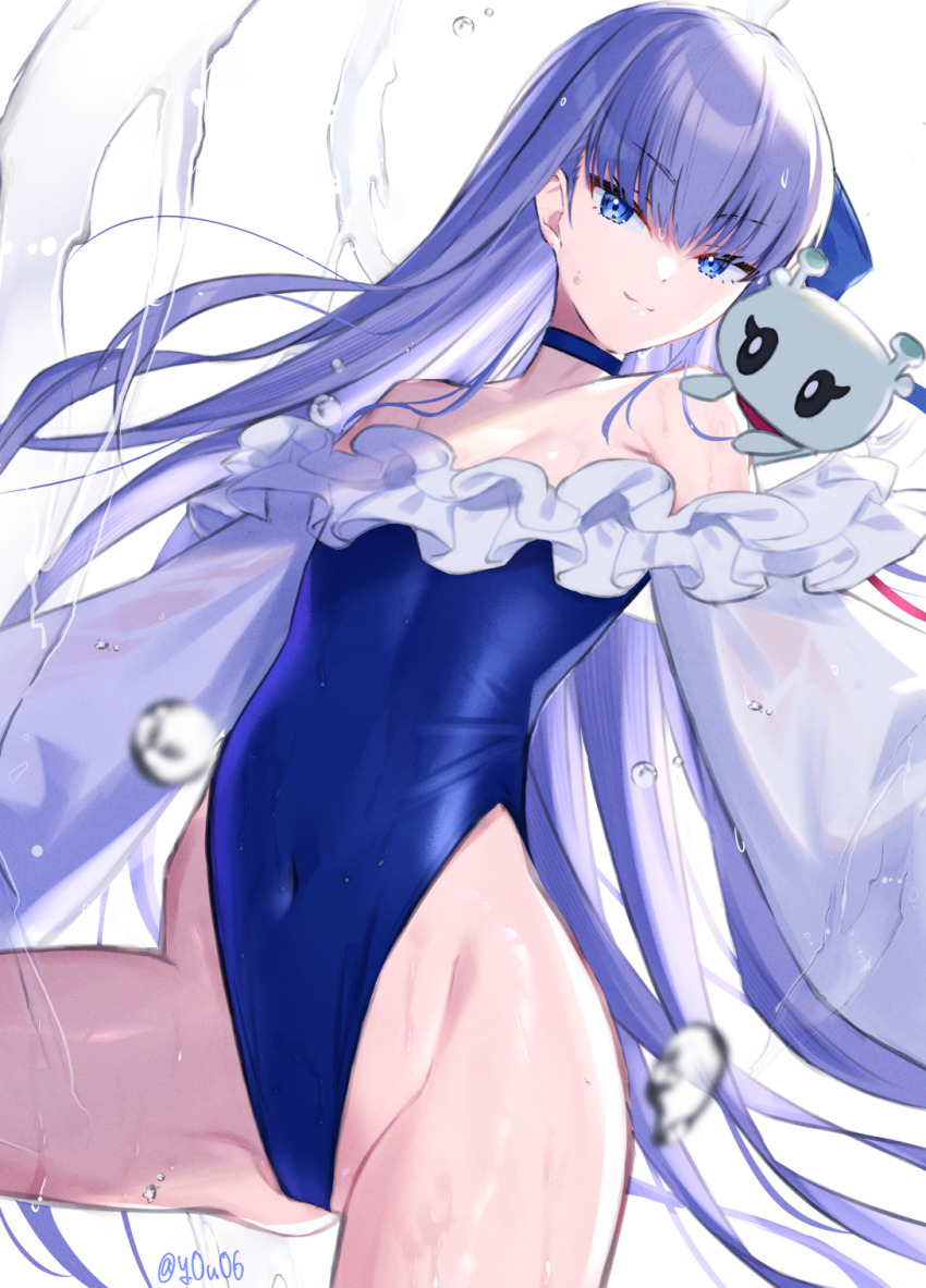 1girl, bare_shoulders, blue_eyes, blue_ribbon, blush, breasts, choker, collarbone