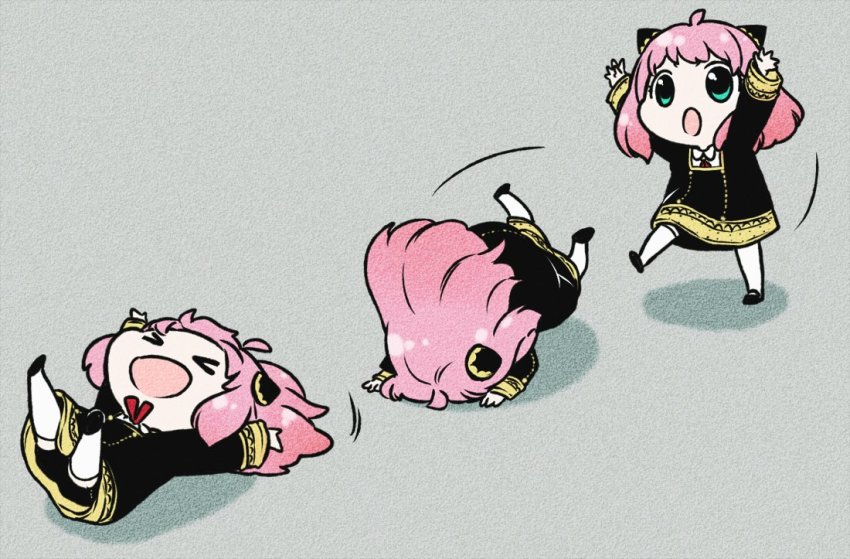 >_<, 1girl, :o, anya_(spy_x_family), arms_up, black_dress, black_footwear, black_shorts, child, dress, eden_academy_school_uniform, faceplant, fake_horns, full_body, gold_trim, green_eyes, hair_ornament, horns, legs_up, long_hair, long_sleeves, motion_lines, multiple_views, neck_ribbon, nekokurage_(gen'eikai_tsuushin), open_mouth, pinafore_dress, pink_hair, red_ribbon, ribbon, rolling, school_uniform, shoes, shorts, sleeveless, sleeveless_dress, spy_x_family, standing, standing_on_one_leg