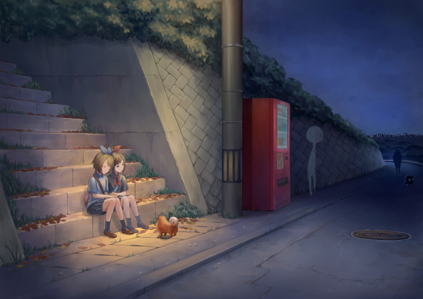 2girls, absurdres, animal, ashitana, autumn_leaves, bag, blue_ribbon, brown_hair