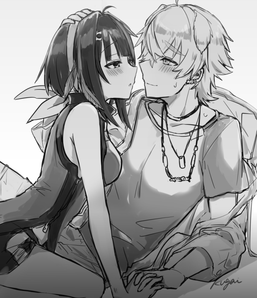 1boy, 1girl, 9kugai, :o, ahoge, animal_ears, arknights, armpit_crease