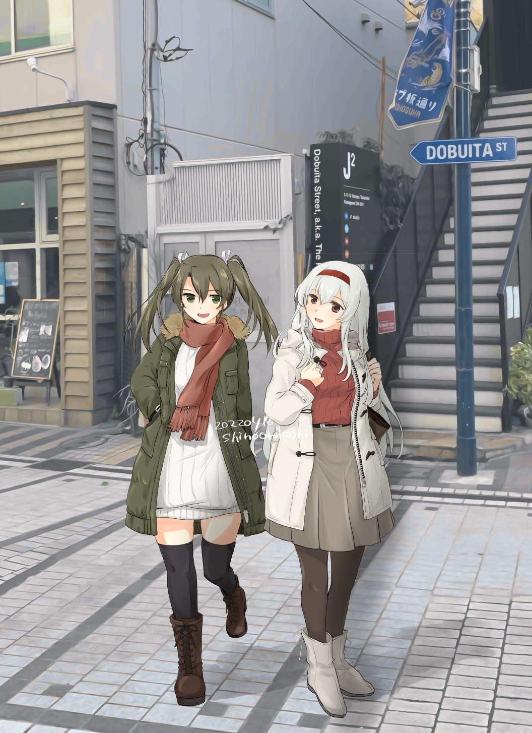 2girls, black_legwear, boots, brown_footwear, brown_scarf, coat, commentary_request, dress
