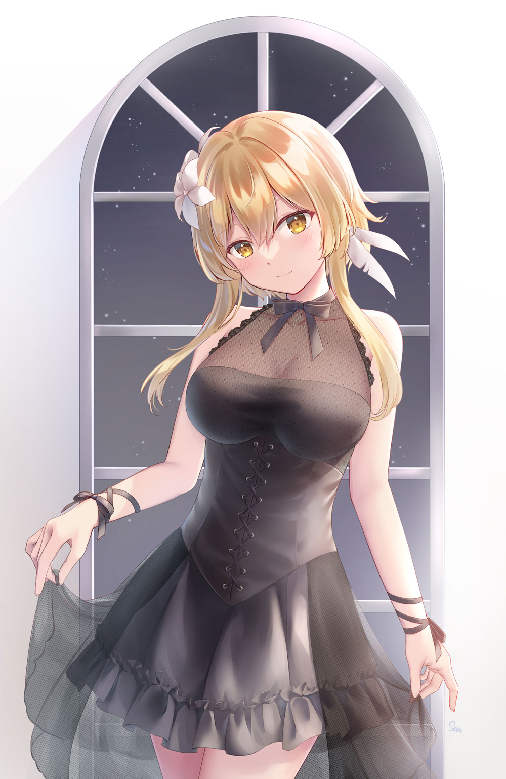 1girl, bare_shoulders, black_bow, black_bowtie, black_dress, black_ribbon, blonde_hair, blush