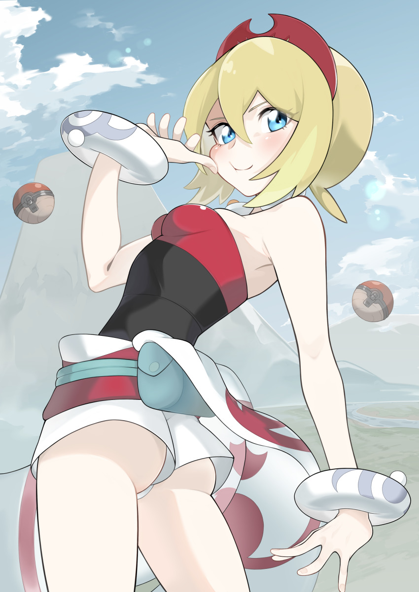 1girl, :t, absurdres, ass, bag, blonde_hair, blue_eyes, blush, bracelet, breasts, closed_mouth, cloud, commentary, cowboy_shot, day, green_bag, hair_between_eyes, hairband, hand_up, highres, hisuian_poke_ball, irida_(pokemon), jewelry, looking_at_viewer, looking_down, mountain, nintendo, outdoors, poke_ball, pokemon, pokemon_legends:_arceus, red_hairband, sash, shirt, short_hair, short_shorts, shorts, shot_(shot0598), sky, small_breasts, smile, solo, strapless, strapless_shirt, waist_cape, white_shorts