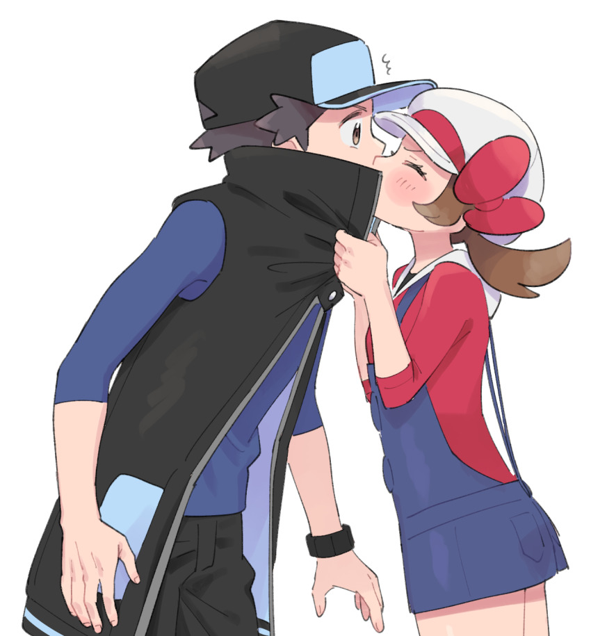 1boy, 1girl, ^^^, ^_^, baseball_cap, black_coat, black_headwear, black_pants, blue_shirt, blush, bow, brown_eyes, brown_hair, newsboy_cap, closed_eyes, coat, flat_chest, from_side, hands_up, hat, hat_bow, hetero, high_collar, highres, kiss, long_sleeves, looking_at_another, lyra_(pokemon), medium_hair, nintendo, official_alternate_costume, open_clothes, open_coat, overalls, pants, pocket, pokemon, pokemon_heartgold_and_soulsilver, pokemon_masters_ex, profile, pumpkinpan, red_(pokemon), red_(sygna_suit)_(pokemon), red_bow, red_shirt, shirt, short_hair, sidelocks, simple_background, sleeveless, sleeveless_coat, standing, surprised, twintails, watch, white_background, white_headwear, wide-eyed, wristwatch