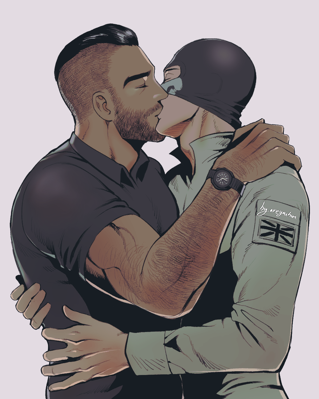 2boys, areyouhun_(sleeplazycat), arm_hair, artist_name, balaclava, bara, black_hair, black_shirt