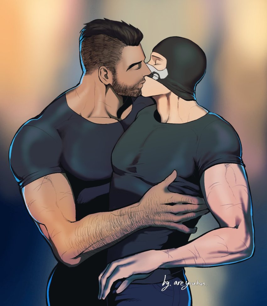 areyouhun_(sleeplazycat), arm_hair, artist_name, balaclava, bara, black_hair, black_pants, black_shirt