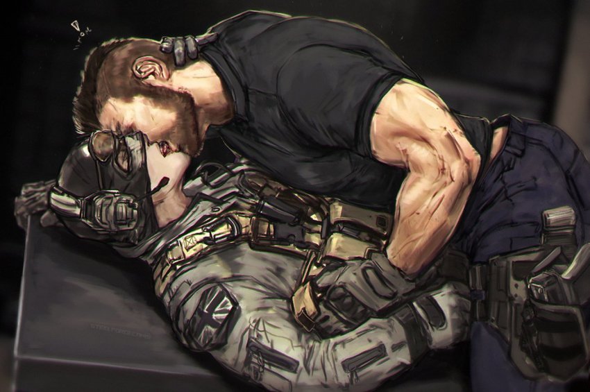 2boys, areyouhun_(sleeplazycat), balaclava, bara, beard, black_gloves, black_hair, black_shirt, call_of_duty, call_of_duty:_modern_warfare_2, facial_hair, french_kiss, ghost_(modern_warfare_2), gloves, kiss, large_pectorals, lying, male_focus, mask_lift, military, military_uniform, multiple_boys, muscular, muscular_male, on_back, pectorals, roach_(modern_warfare_2), shirt, short_hair, soap_(modern_warfare_2), soldier, tongue, tongue_out, undercut, yaoi