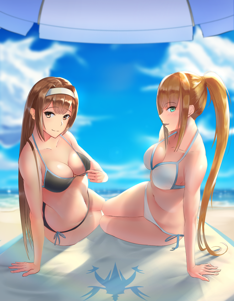 2girls, bare_arms, beach, bikini, bikini_pull, black_bikini, blonde_hair, blue_eyes, blue_ribbon, blunt_bangs, breasts, brown_eyes, brown_hair, calca_bessarez, character_request, cleavage, closed_mouth, clothes_pull, cloud, collarbone, day, green_eyes, hair_intakes, hairband, halterneck, highres, kelart_custodio, long_hair, looking_at_viewer, medium_breasts, multiple_girls, ocean, outdoors, overlord_(maruyama), ponytail, pulling_own_clothes, rausu_(undeadmachine), ribbon, side-tie_bikini_bottom, smile, summer, swimsuit, very_long_hair, white_bikini, white_hairband