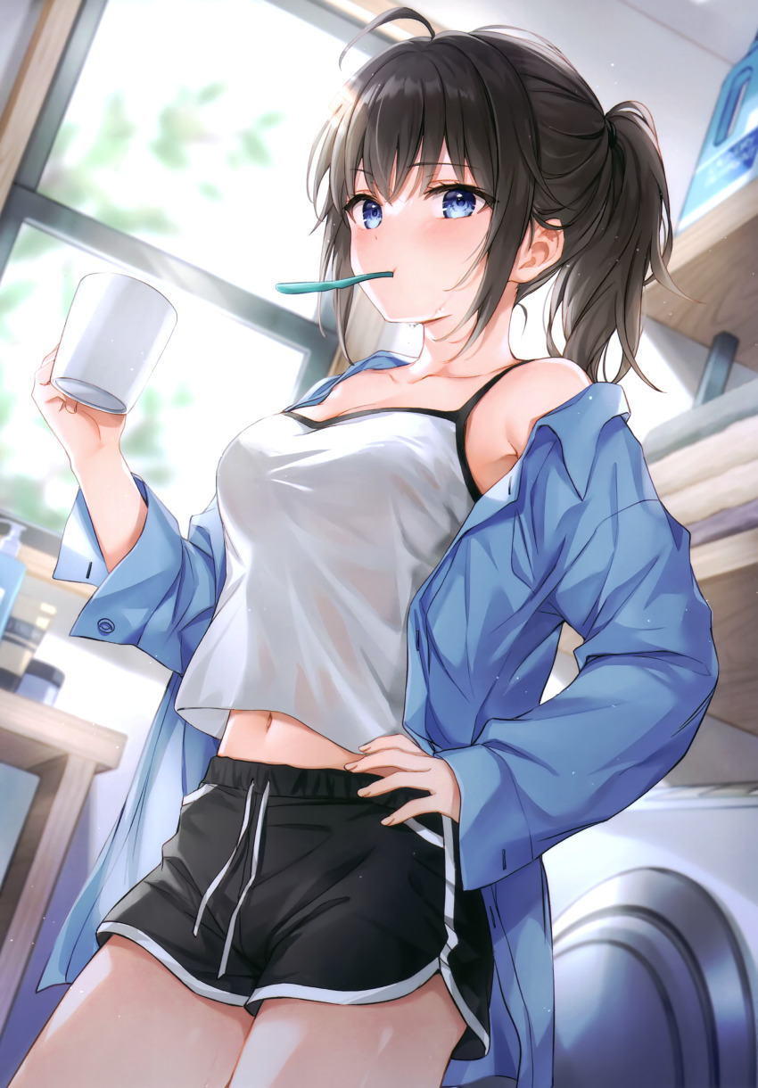 1girl, absurdres, ahoge, armpit_crease, bare_shoulders, black_hair, black_shorts, blue_eyes, blue_shirt, breasts, camisole, collarbone, contrapposto, crop_top, crop_top_overhang, cup, dolphin_shorts, drawstring, dress_shirt, hand_on_own_hip, higeneko, highres, holding, long_hair, long_sleeves, looking_at_viewer, medium_breasts, midriff, mouth_hold, mug, navel, off_shoulder, open_clothes, open_shirt, original, ponytail, see-through_silhouette, shirt, short_shorts, shorts, sidelocks, sleeveless, sleeveless_shirt, solo, spaghetti_strap, standing, thighs, toothbrush, toothbrush_in_mouth, undershirt, white_shirt