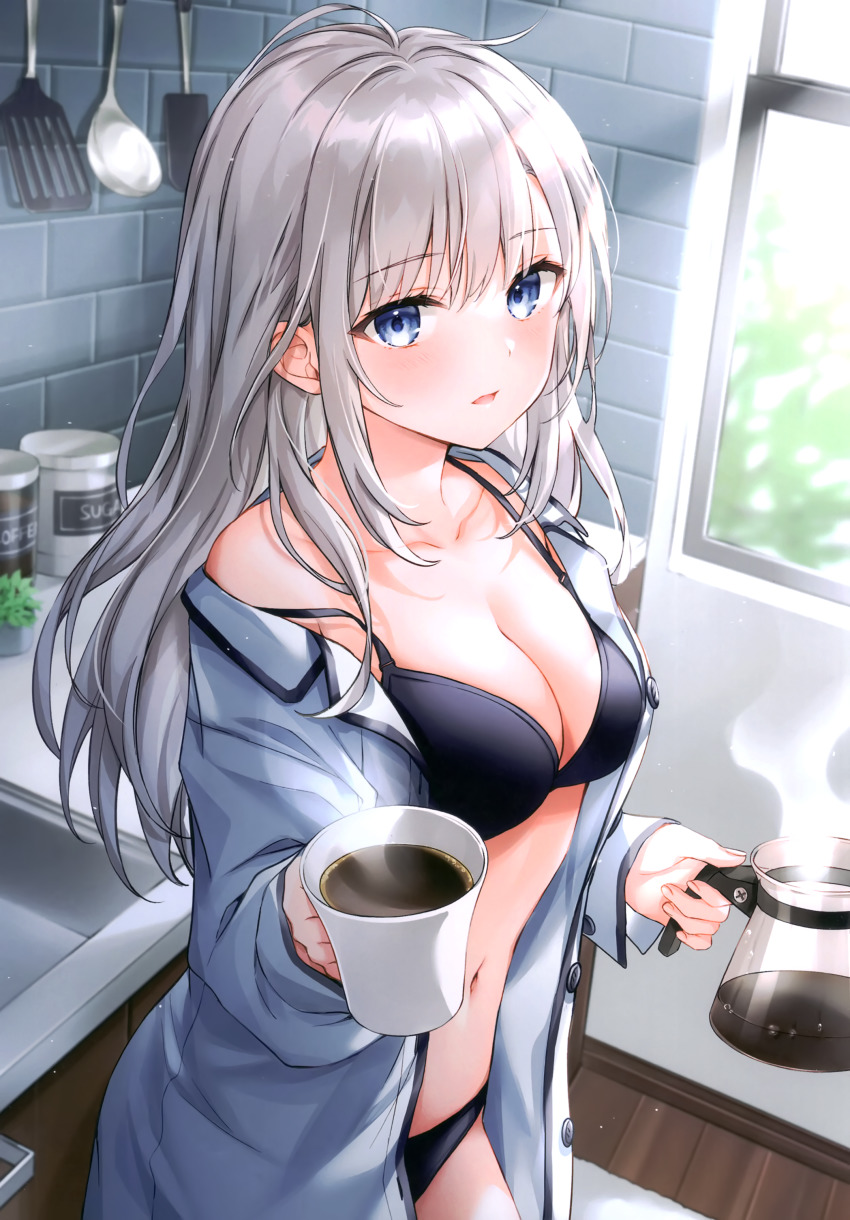 1girl, absurdres, bare_shoulders, black_bra, black_panties, blue_eyes, bra, breasts
