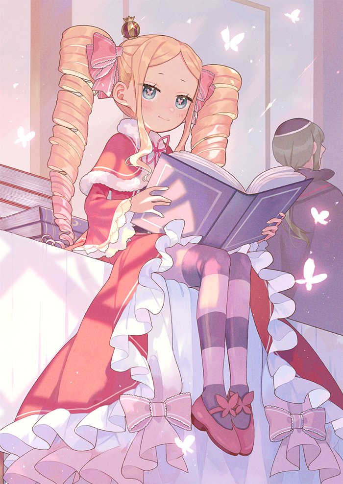 1girl, beatrice_(re:zero), blonde_hair, blue_eyes, blush, book, bug, butterfly