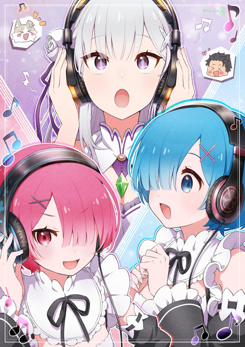 3girls, :d, :o, absurdres, black_ribbon, blue_hair, blush, commentary_request