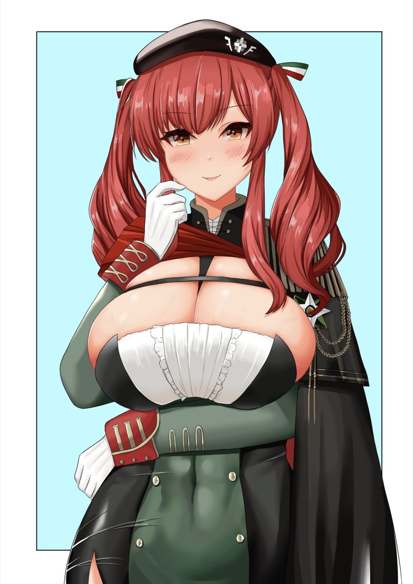 1girl, azur_lane, bad_id, bad_twitter_id, beret, black_hat, blue_background, border