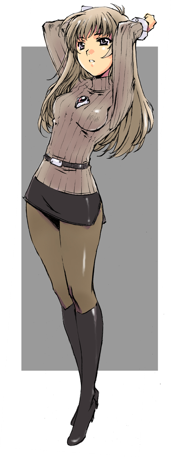 1girl, arms_up, boots, breasts, brown_eyes, brown_hair, cleavage, female_focus, highres, knee_boots, legs, miniskirt, moriguchi_nao_(naonao), naonao77, original, pantyhose, pencil_skirt, skirt, solo, sweater