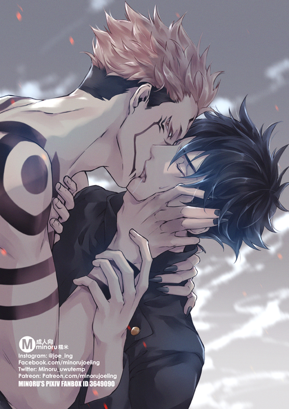 2boys, arm_tattoo, black_hair, black_jacket, black_nails, closed_eyes, commentary_request, extra_eyes, facial_tattoo, fingernails, french_kiss, fushiguro_megumi, hair_between_eyes, hand_on_another's_cheek, hand_on_another's_face, hand_on_another's_neck, high_collar, holding_another's_wrist, jacket, jujutsu_kaisen, kiss, male_focus, minoru_(minoru_uwutemp), multiple_boys, muscular, muscular_male, nail_polish, pink_hair, red_eyes, ryoumen_sukuna_(jujutsu_kaisen), saliva, school_uniform, sharp_fingernails, short_hair, shoulder_tattoo, sideburns, spiked_hair, tattoo, tongue, topless_male, undercut, watermark, web_address, yaoi