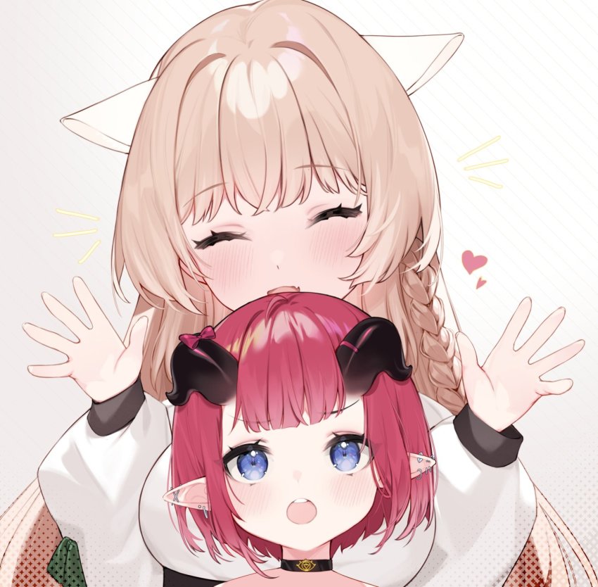 2girls, alpaca_ears, alpaca_girl, animal_ears, blue_eyes, braid, choker, highres, horns, hoshi_usagi, indie_virtual_youtuber, long_hair, long_sleeves, multiple_girls, nakamiya_rie, open_mouth, pointy_ears, puffy_long_sleeves, puffy_sleeves, red_hair, sophiel_paka, virtual_youtuber