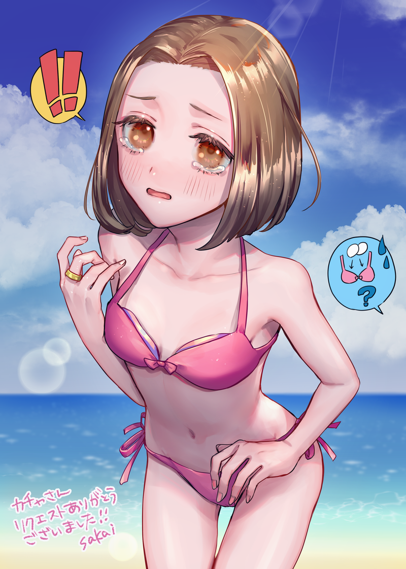 !, !!, 1girl, annallee_(suikoden), breast_padding, brown_eyes, brown_hair, cloud, collarbone, gensou_suikoden, jewelry, looking_at_viewer, navel, open_mouth, ring, sakai_(motomei), short_hair, solo, swimsuit, tearing_up