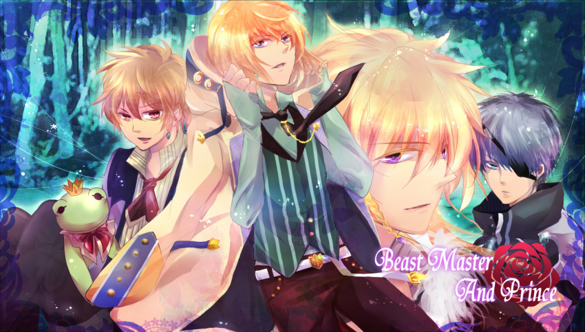 alfred_(moujuutsukai_to_ouji-sama), beads, belt, black_necktie, blonde_hair, blue_eyes, braid, closed_mouth, copyright_name, earrings, erik_(moujuutsukai_to_ouji-sama), eyepatch, grey_hair, hair_beads, hair_ornament, hood, jewelry, lucia_(moujuutsukai_to_ouji-sama), mattheus_(moujuutsukai_to_ouji-sama), moujuutsukai_to_ouji-sama, necktie, open_mouth, purple_eyes, red_eyes, single_braid, smile, striped_clothes, striped_vest, stuffed_animal, stuffed_frog, stuffed_toy, tetsu_natsuki, vest, white_belt