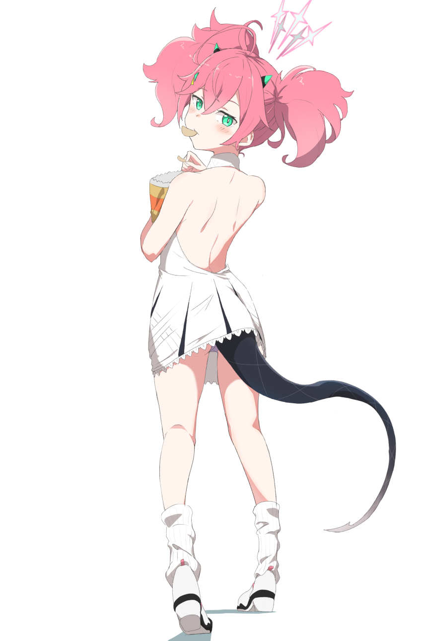 1girl, absurdres, back, backless_dress, backless_outfit, bag_of_chips, black_tail, blue_archive, blush, crossed_bangs, dress, eating, food, food_in_mouth, from_behind, full_body, green_eyes, hair_between_eyes, halo, highres, holding, holding_food, horns, looking_at_viewer, loose_socks, medium_hair, momoka_(blue_archive), pink_hair, pre_sktch, simple_background, socks, solo, tail, twintails, white_background, white_dress, white_footwear, white_legwear