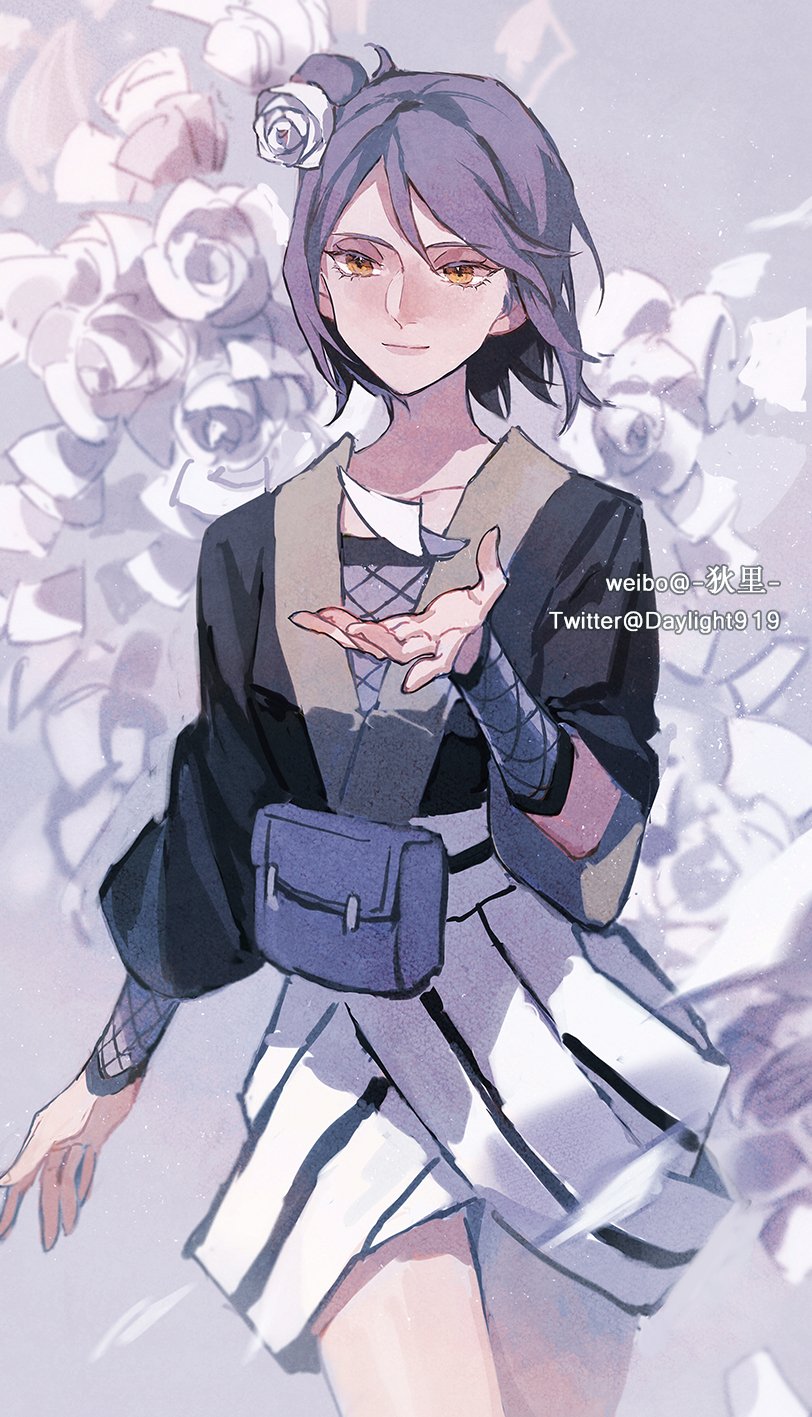 1girl, closed_mouth, cowboy_shot, daylight919, eyeshadow, fishnets, flower, hair_bun, hair_flower, hair_ornament, hand_up, highres, konan_(naruto), looking_to_the_side, makeup, naruto_(series), naruto_shippuuden, ninja, orange_eyes, paper, purple_hair, short_hair, single_hair_bun, smile, solo, watermark, web_address, aged_down