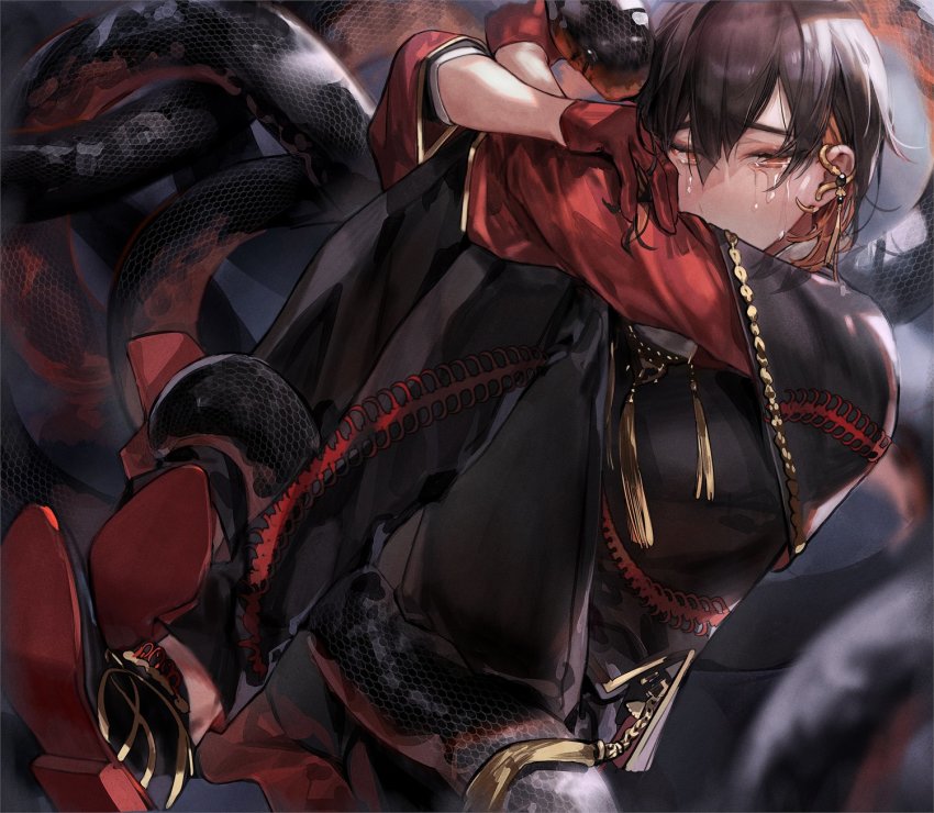 1boy, black_footwear, black_hair, black_pants, bound, crying, ear_piercing, gloves