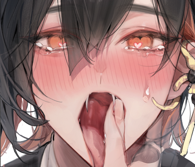 1boy, black_hair, blood, blush, ear_piercing, fangs, hair_between_eyes, heart, heart-shaped_pupils, ihatedraw, index_finger_raised, looking_at_viewer, male_focus, multicolored_hair, nose_blush, nu_carnival, orange_eyes, orange_hair, piercing, portrait, simple_background, solo_focus, symbol-shaped_pupils, tears, tongue, tongue_out, white_background, yakumo_(nu_carnival)
