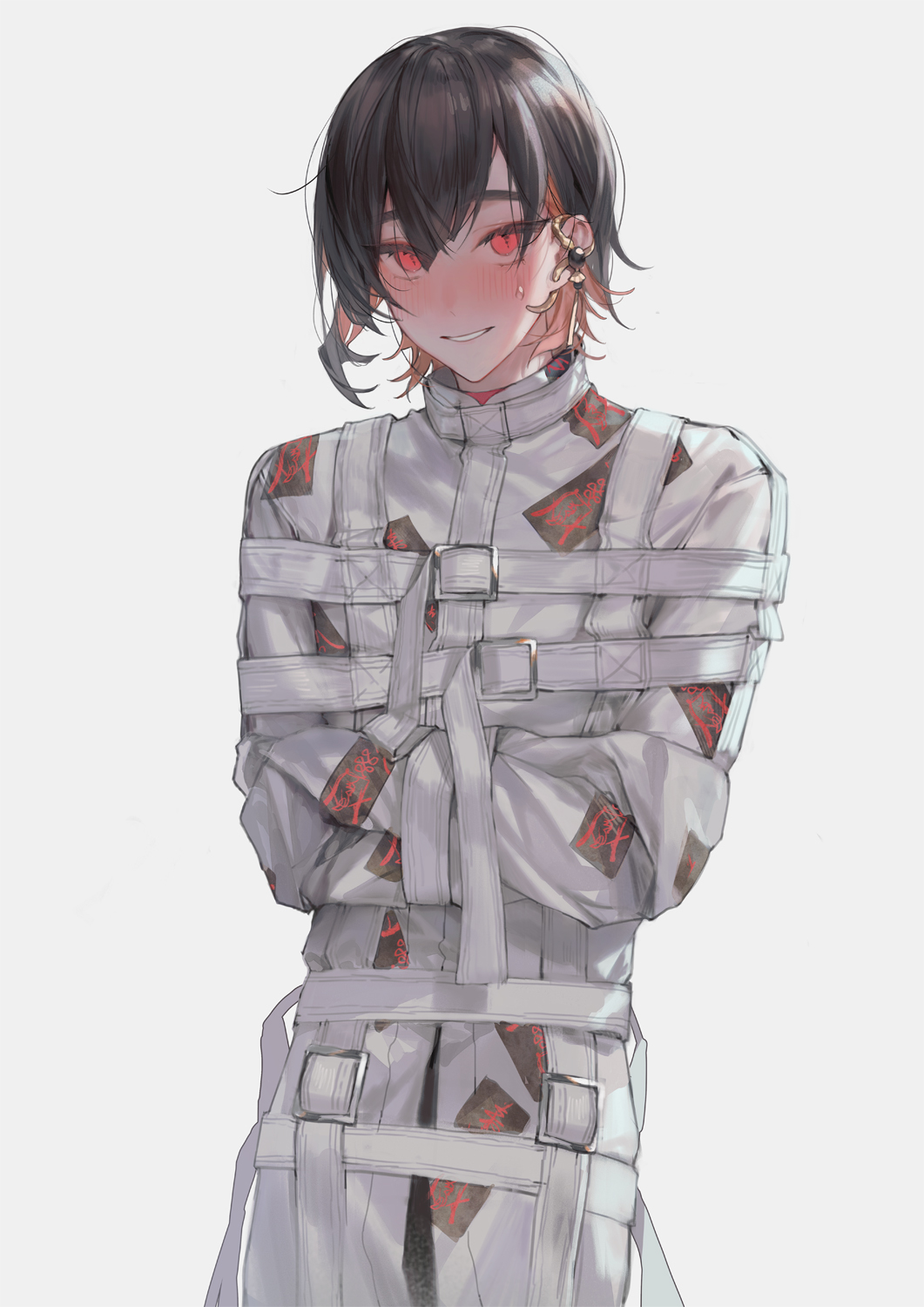 1boy, black_hair, blush, bound, bound_wrists, ear_piercing, grey_background, hair_between_eyes