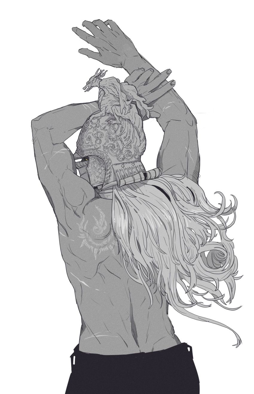 1boy, absurdres, arms_up, back, back_focus, back_tattoo, banished_knight_oleg, elden_ring